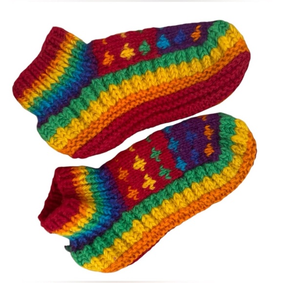 Vintage Accessories - Handmade Knit Socks Size 8-9 Rainbow Colorful Knit Slipper Socks